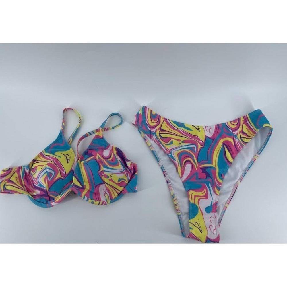 Shein Bikini Plus Size 1XL Bright Colors Underwire Top Hi Cut Leg